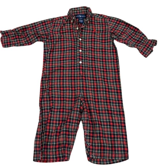 Ralph Lauren 24M Boys Red & Green Plaid Cotton Long Sleeve Button-Up Romper - Picture 1 of 4